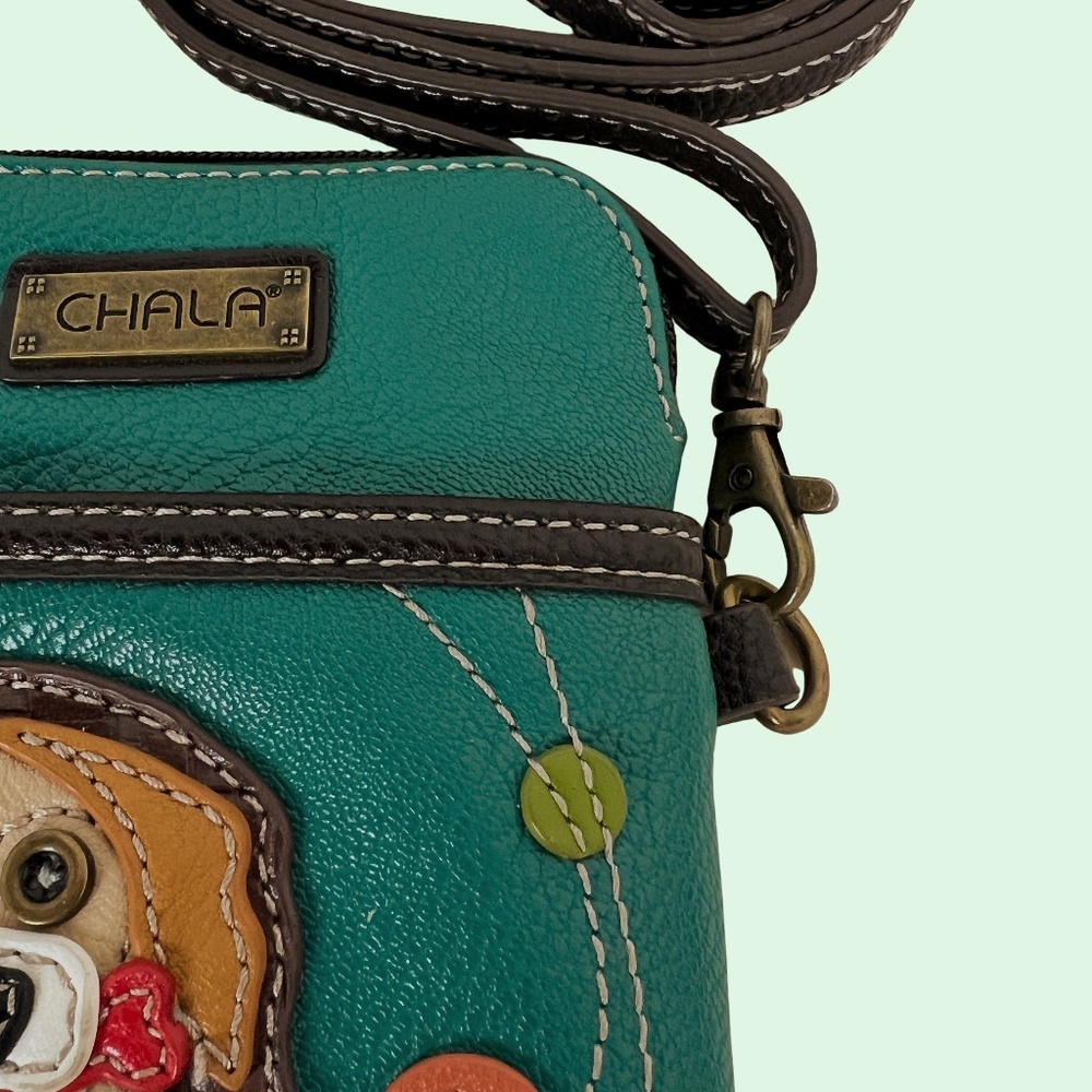 CHALA Crossbody Cell Phone Purse Teal Vegan Pebbled Leather Dog With a Bone - Picture 11 of 14